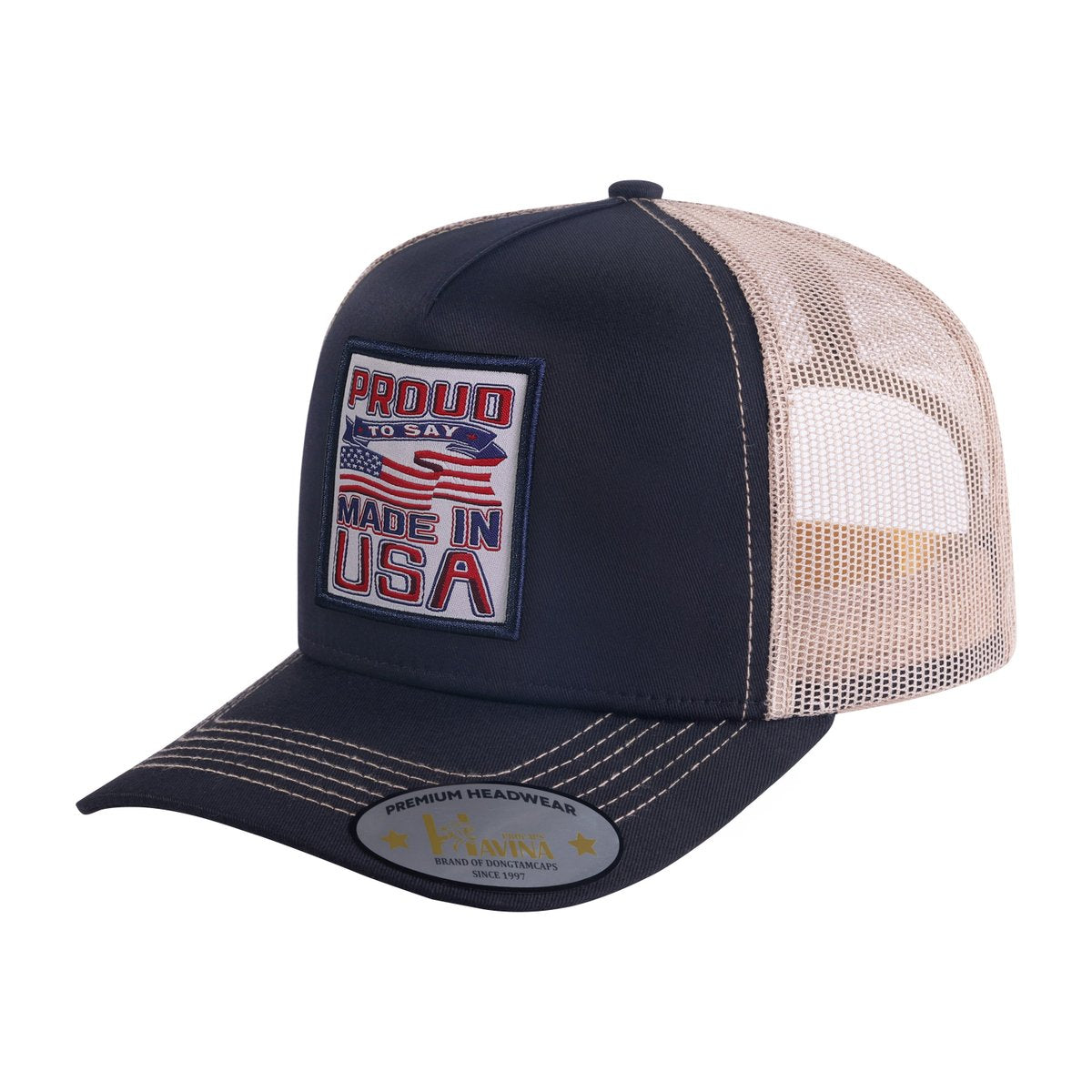 Unisex Embroidered Proud To Say Made In US, 5-Panel Trucker Hat, Black/Khaki, Adjustable Fit