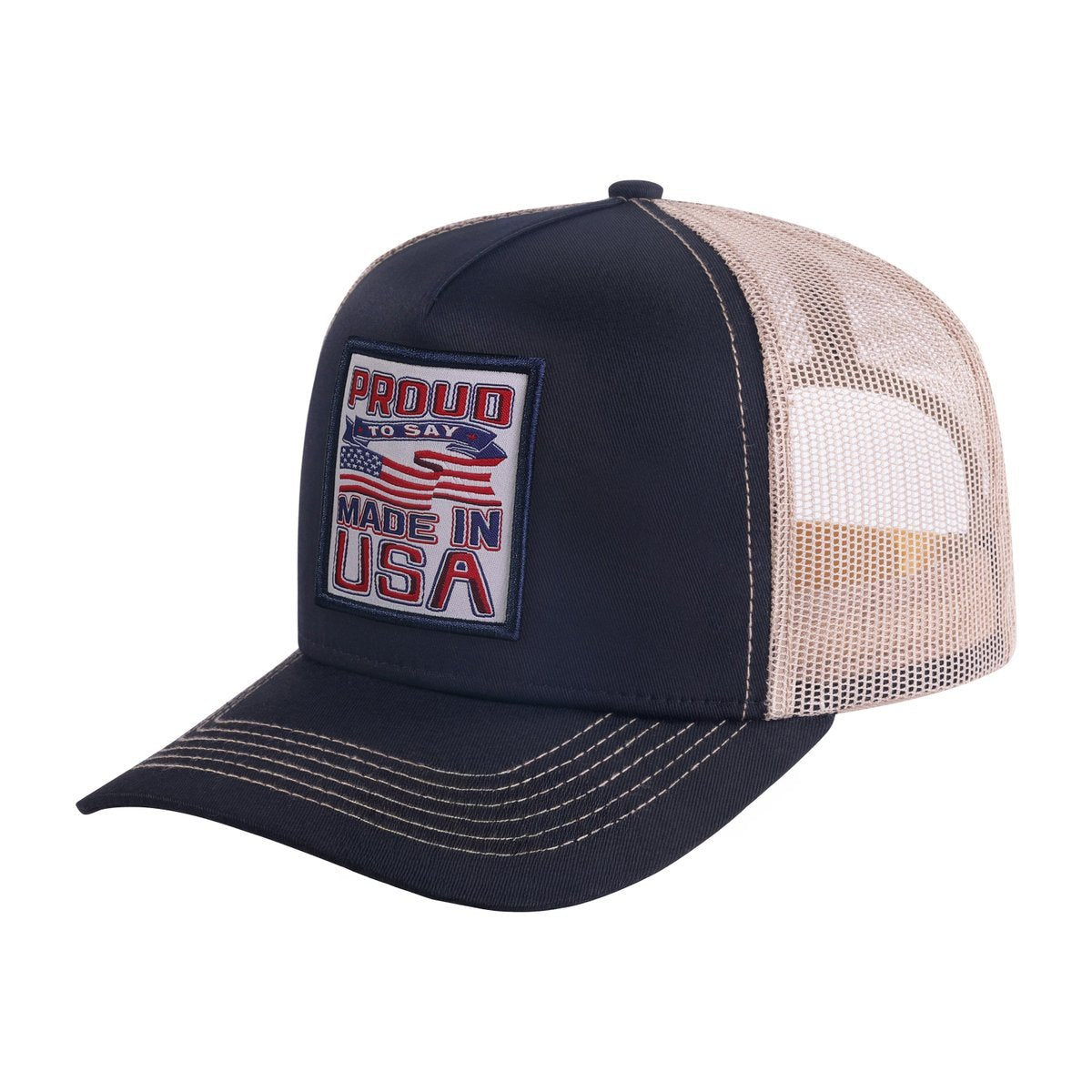 Unisex Embroidered Proud To Say Made In US, 5-Panel Trucker Hat, Black/Light Grey, Adjustable Fit