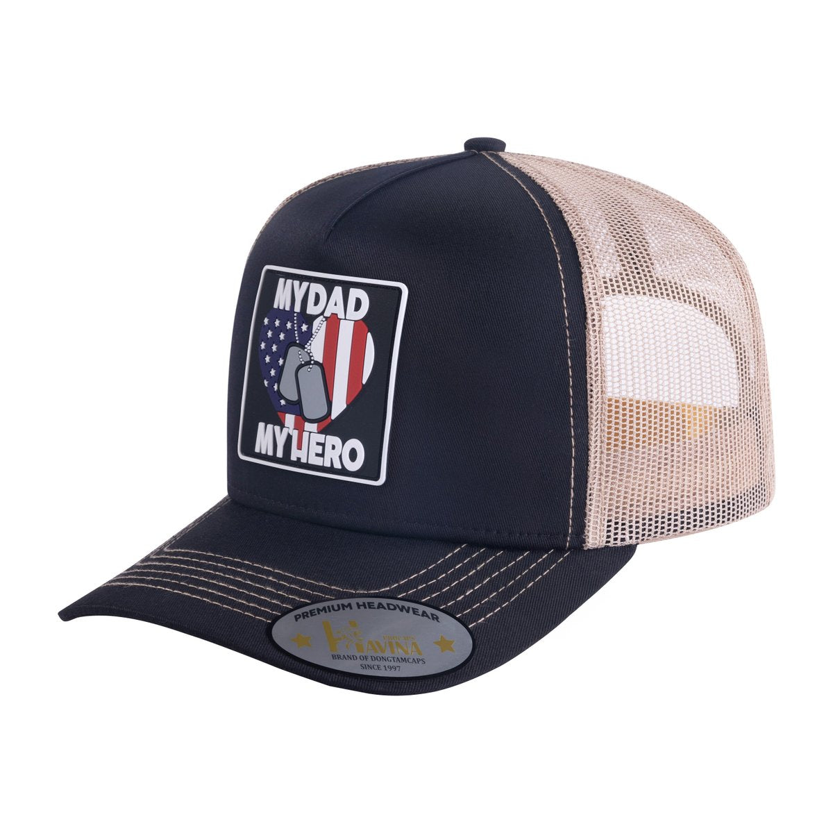 Embroidered My Dad My Hero - 5 Panel Trucker Hat - Black/Khaki