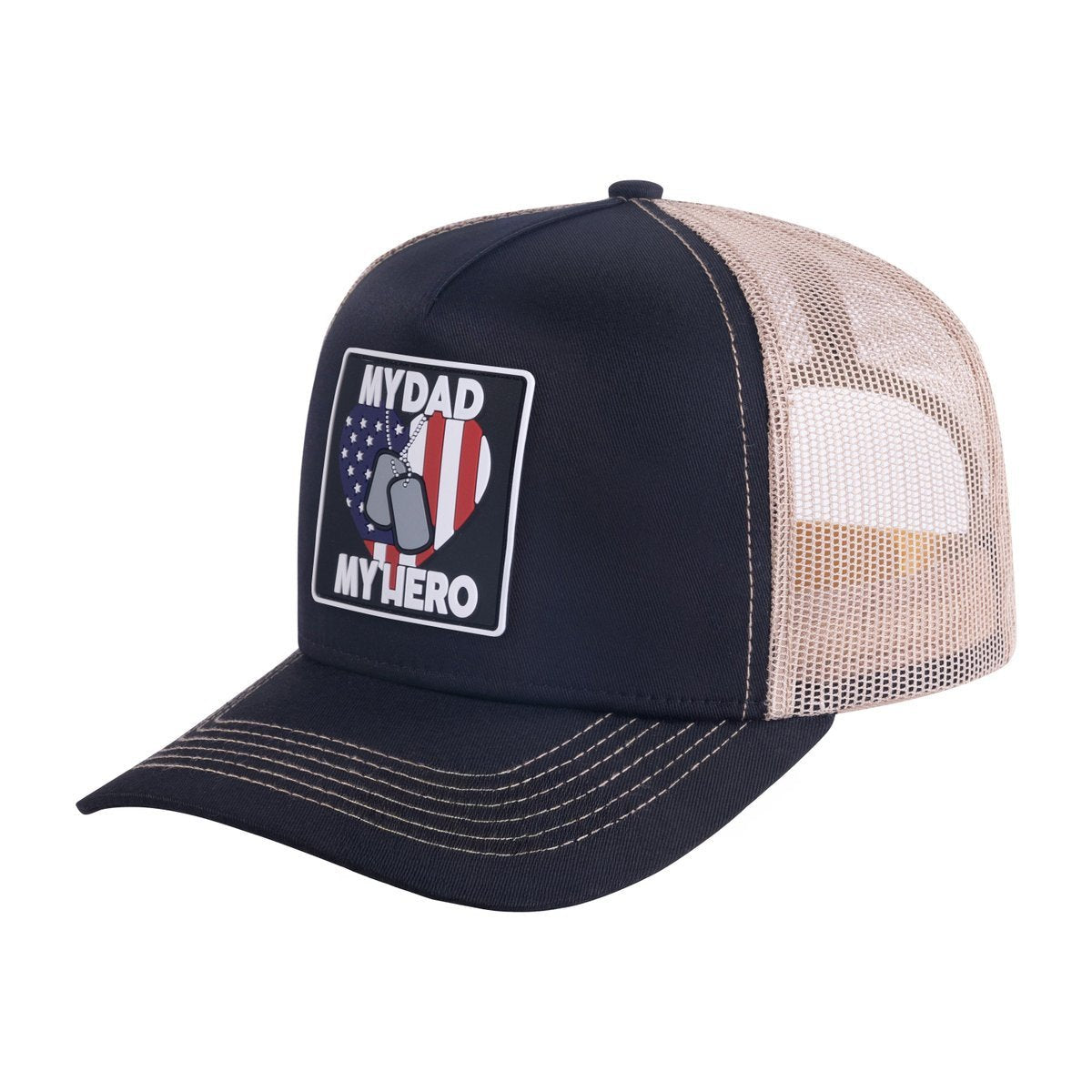 Unisex Embroidered My Dad My Hero, 5-Panel Trucker Hat, Black/Khaki, Adjustable Fit