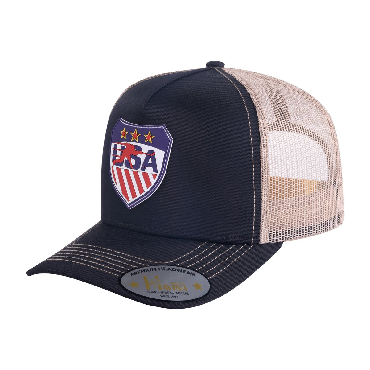 Unisex Embroidered US Loving Hockey, 5-Panel Trucker Hat, Black/Khaki, Adjustable Fit