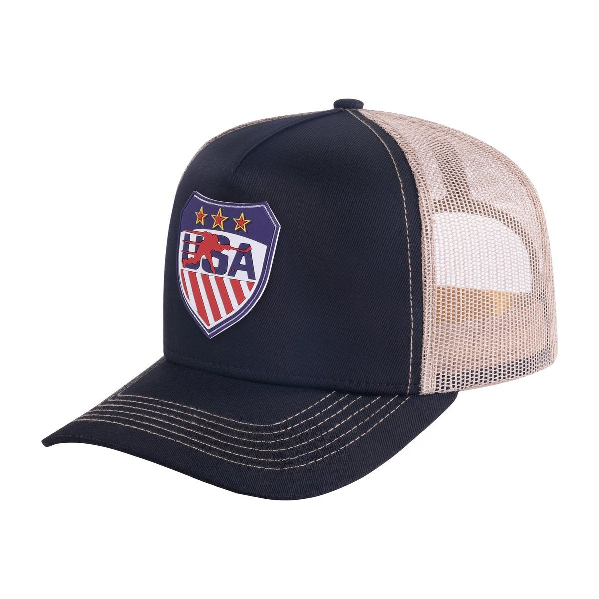 Unisex Embroidered Loving Hockey, 5-Panel Trucker Hat, Black/Khaki, Adjustable Fit