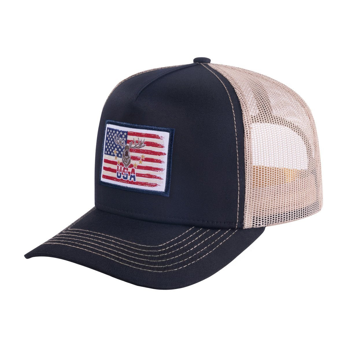 Unisex Embroidered Usa Deer Hunter, 5-Panel Trucker Hat, Black/Light Grey, Adjustable Fit