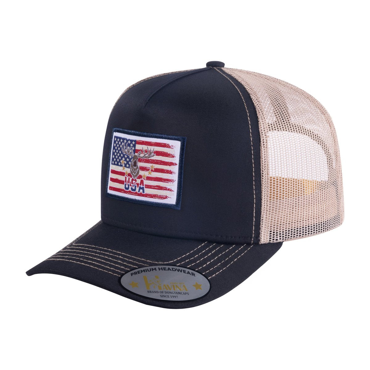 Unisex Embroidered Usa Deer Hunter, 5-Panel Trucker Hat, Black/Light Grey, Adjustable Fit