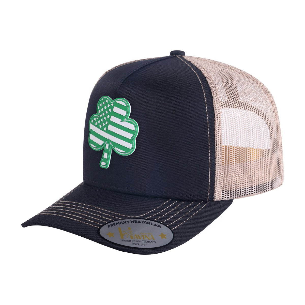 Unisex Embroidered St. Patrick'S Day Four Leaf Shamrock, 5-Panel Trucker Hat, Black/Light Grey, Adjustable Fit