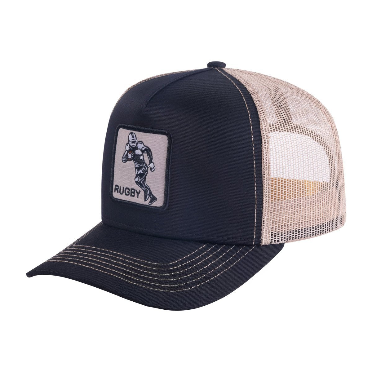 Unisex Embroidered Rugby/Football, 5-Panel Trucker Hat, Black/Khaki, Adjustable Fit