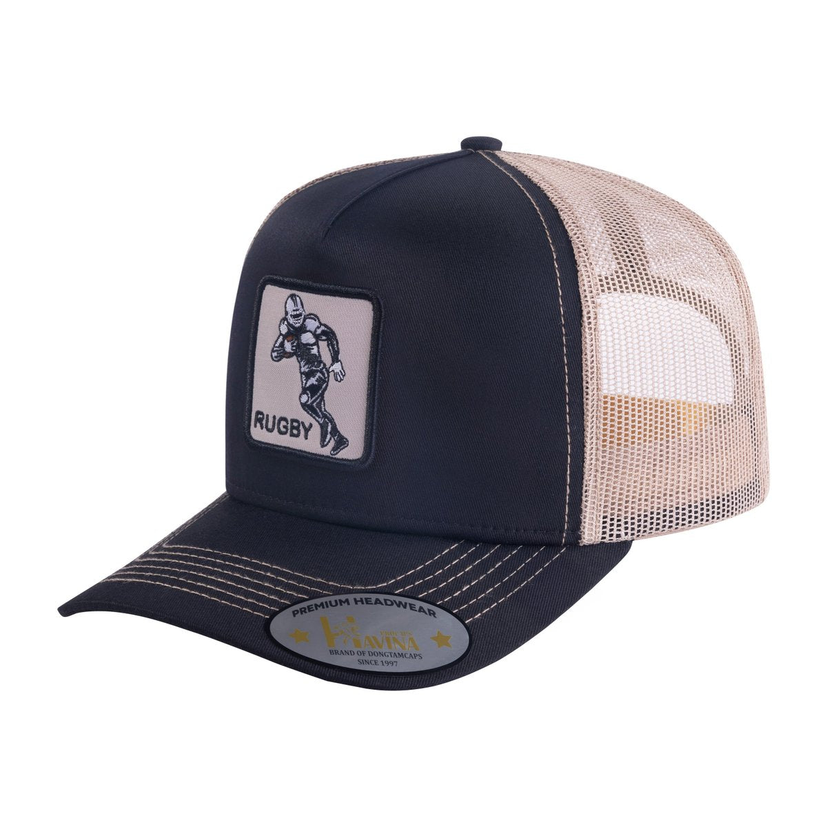 Unisex Embroidered Rugby/Football, 5-Panel Trucker Hat, Black/Khaki, Adjustable Fit