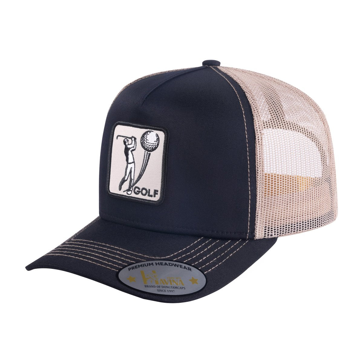 Embroidered Golf - 5 Panel Trucker Hat - Black/Khaki