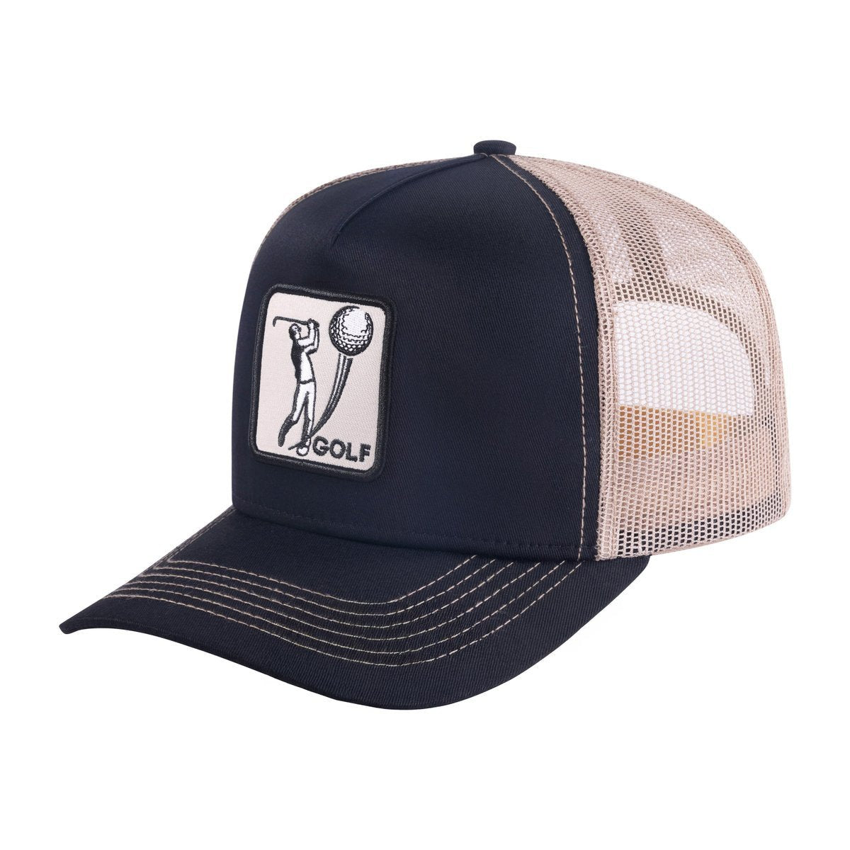 Unisex Embroidered Golf, 5-Panel Trucker Hat, Black/Khaki, Adjustable Fit