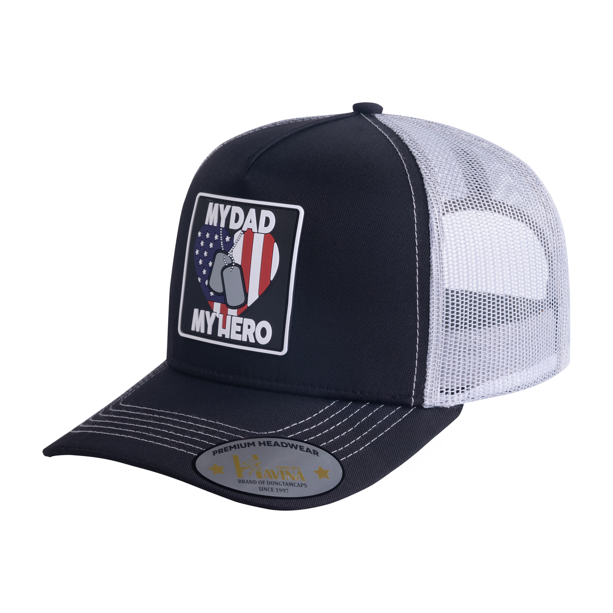 Unisex Embroidered My Dad My Hero, 5-Panel Trucker Hat, Black/Light Grey, Adjustable Fit