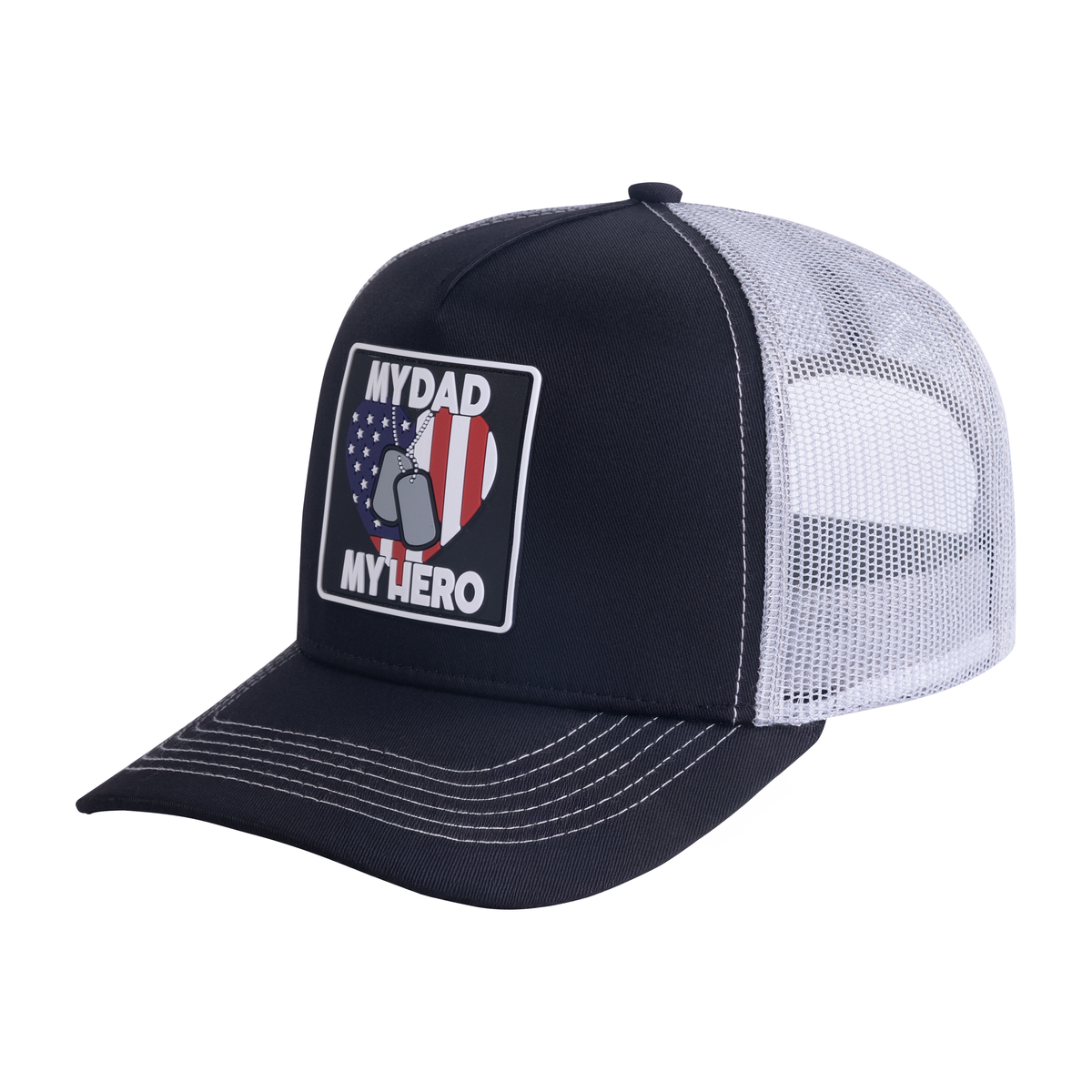 Unisex Embroidered My Dad My Hero, 5-Panel Trucker Hat, Black/Light Grey, Adjustable Fit