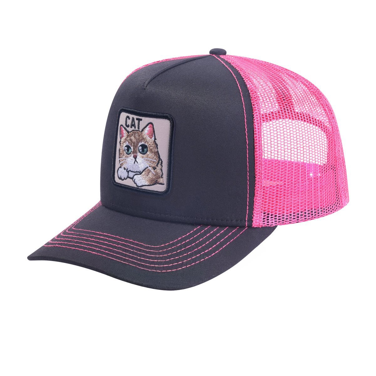 Unisex Embroidered The Cat, 5-Panel Trucker Hat, Black/Pink, Adjustable Fit