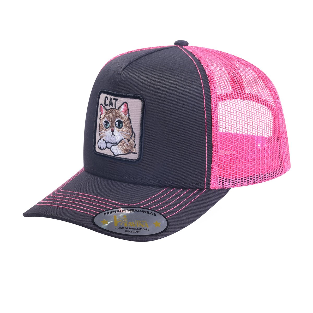 Unisex Embroidered The Cat, 5-Panel Trucker Hat, Black/Pink, Adjustable Fit