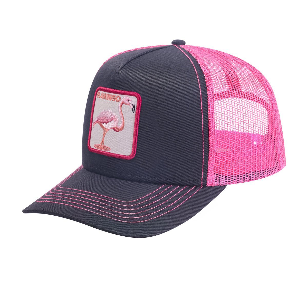 Unisex Embroidered The Flamingo, 5-Panel Trucker Hat, Black/Pink, Adjustable Fit
