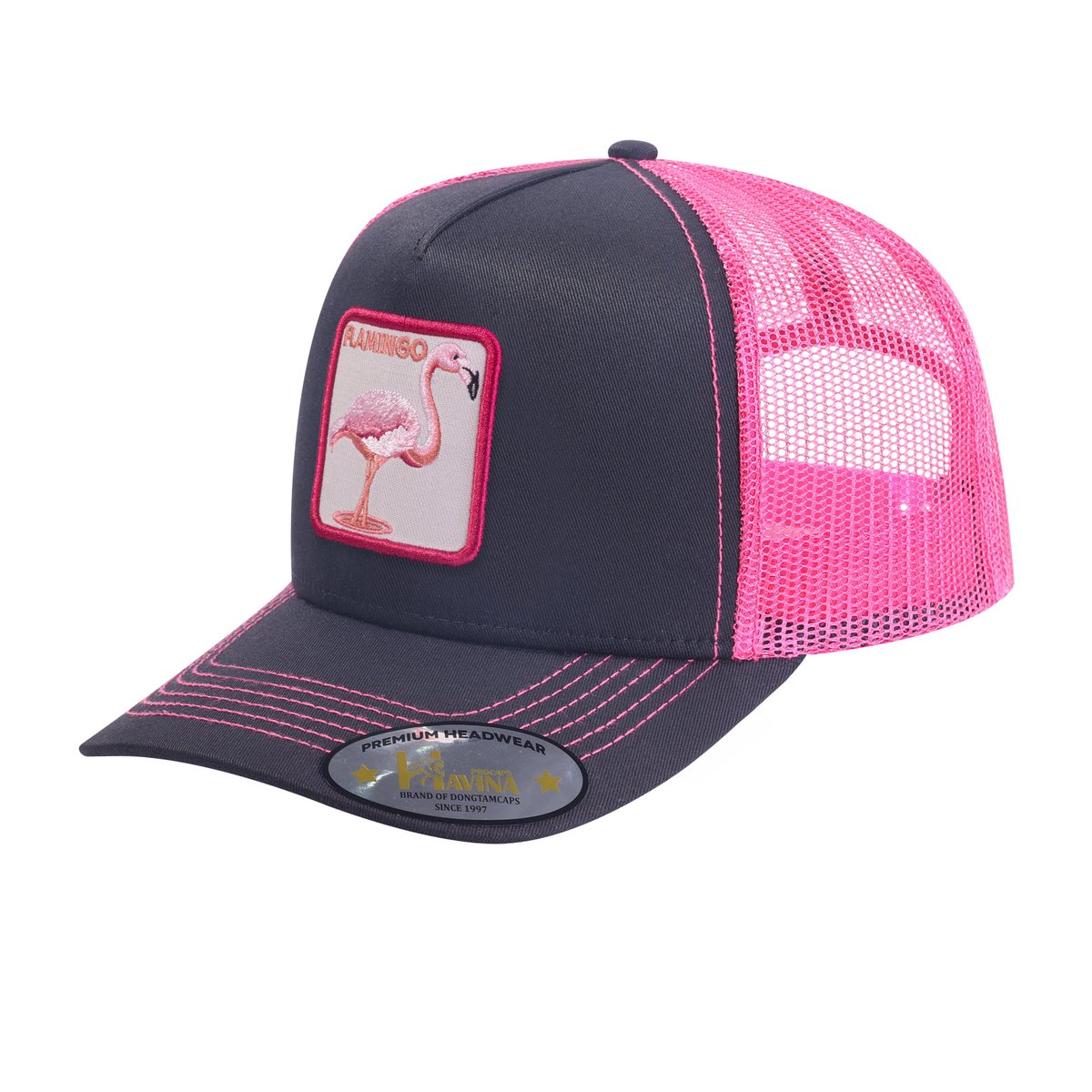 Unisex Embroidered The Flamingo, 5-Panel Trucker Hat, Black/Pink, Adjustable Fit