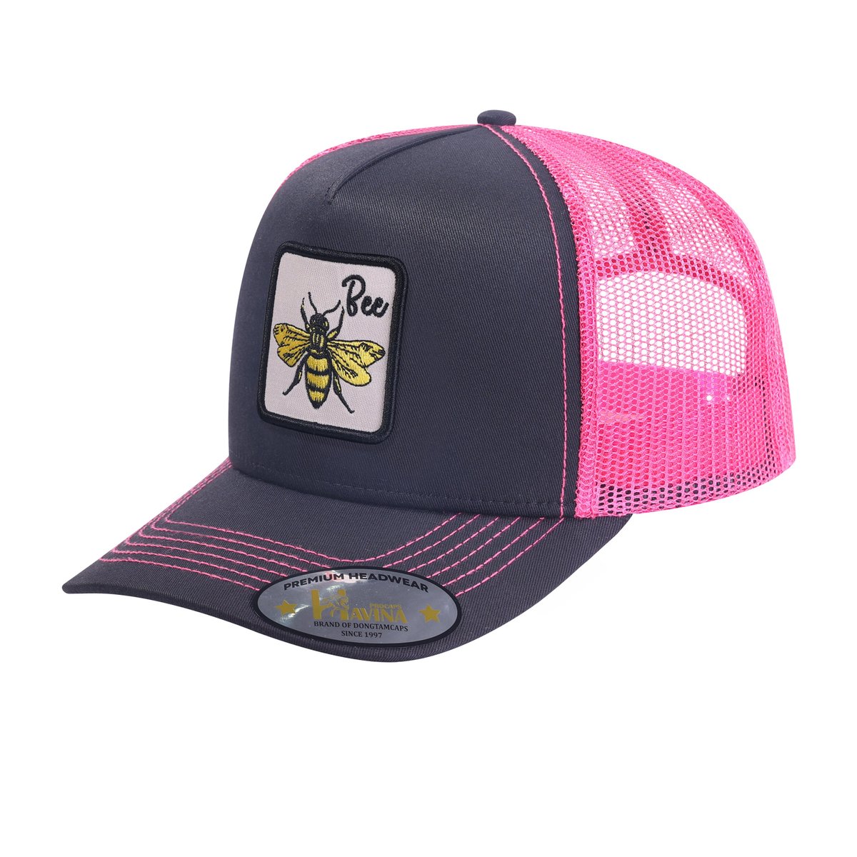 Unisex Embroidered The Bee, 5-Panel Trucker Hat, Black/Pink, Adjustable Fit