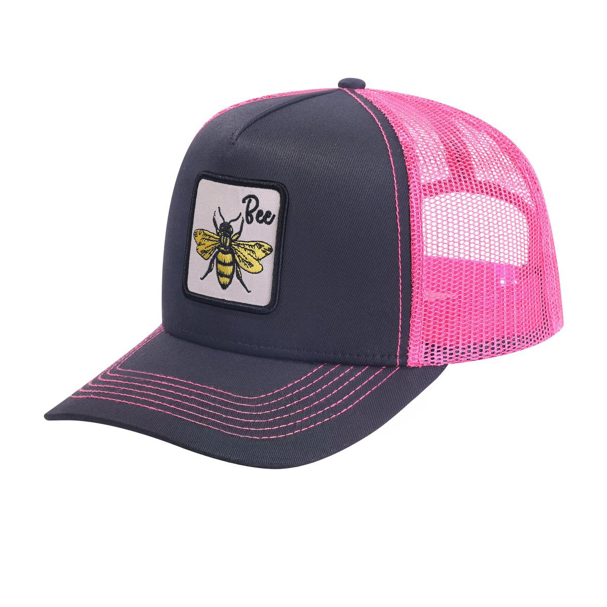 Unisex Embroidered The Bee, 5-Panel Trucker Hat, Black/Pink, Adjustable Fit