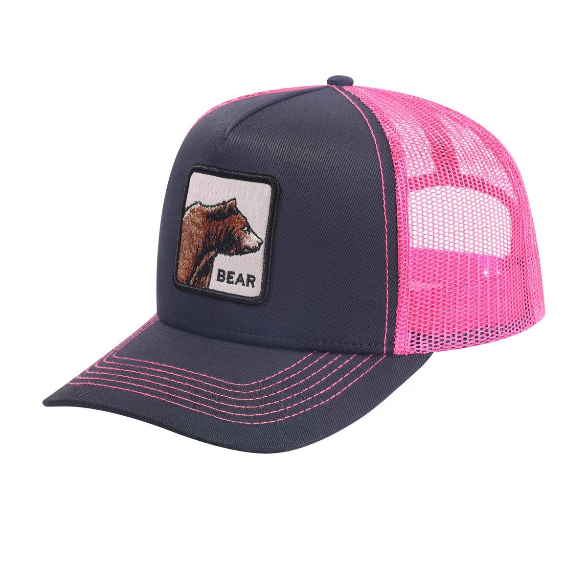 Unisex Embroidered The Bear, 5-Panel Trucker Hat, Black/Pink, Adjustable Fit