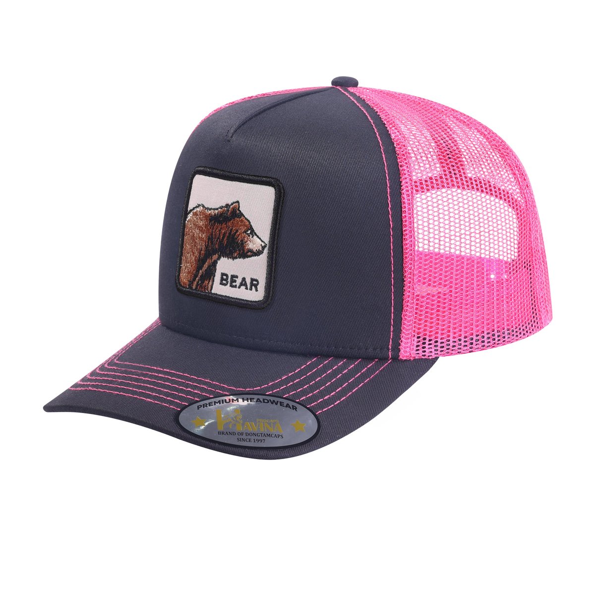 Unisex Embroidered The Bear, 5-Panel Trucker Hat, Black/Pink, Adjustable Fit
