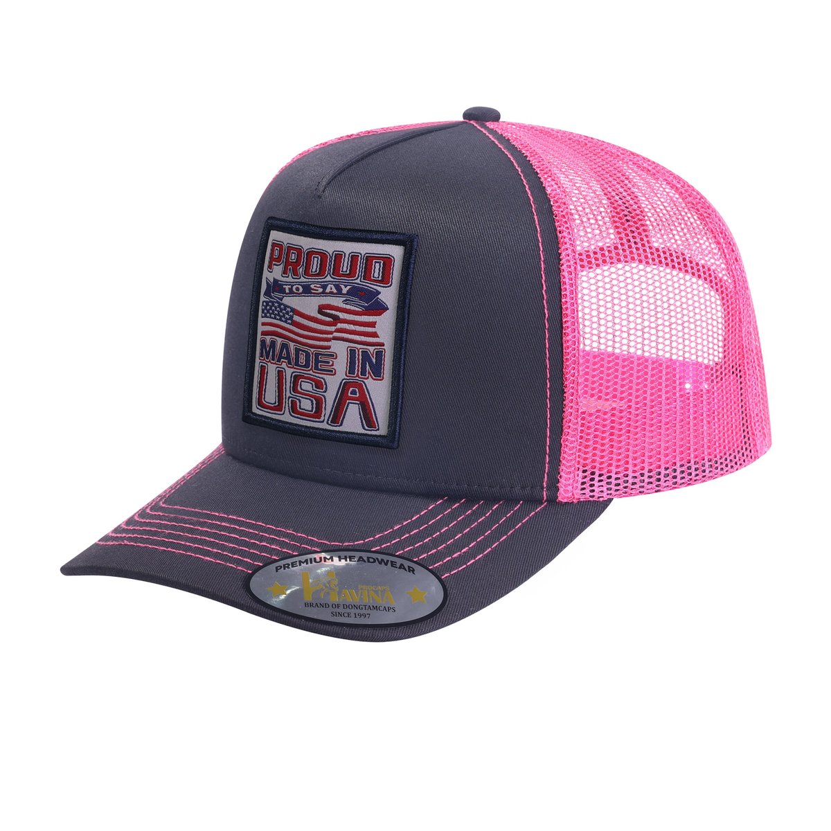 Unisex Embroidered Proud To Say Made In US, 5-Panel Trucker Hat, Black/Pink, Adjustable Fit