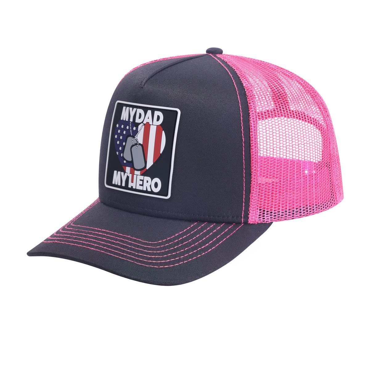 Unisex Embroidered My Dad My Hero, 5-Panel Trucker Hat, Black/Pink, Adjustable Fit