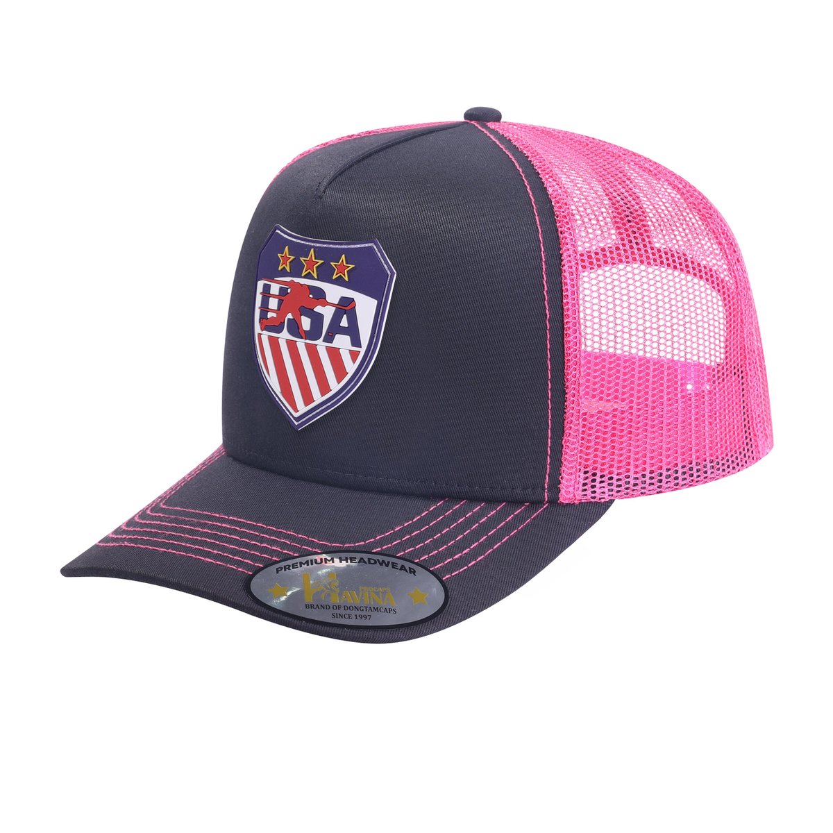 Embroidered Loving Hockey - 5 Panel Trucker Hat - Black/Pink
