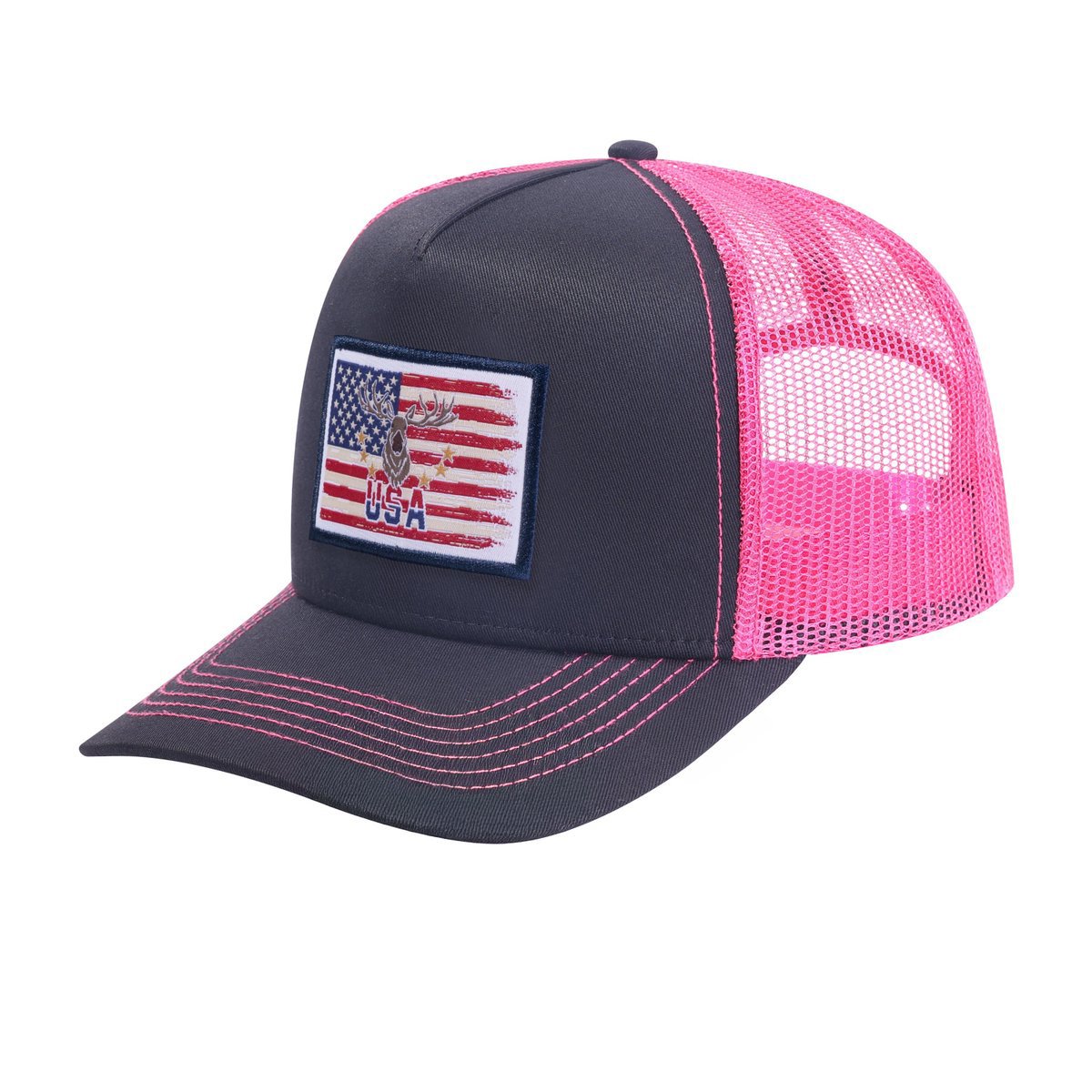 Unisex Embroidered US Deer Hunter, 5-Panel Trucker Hat, Black/Pink, Adjustable Fit