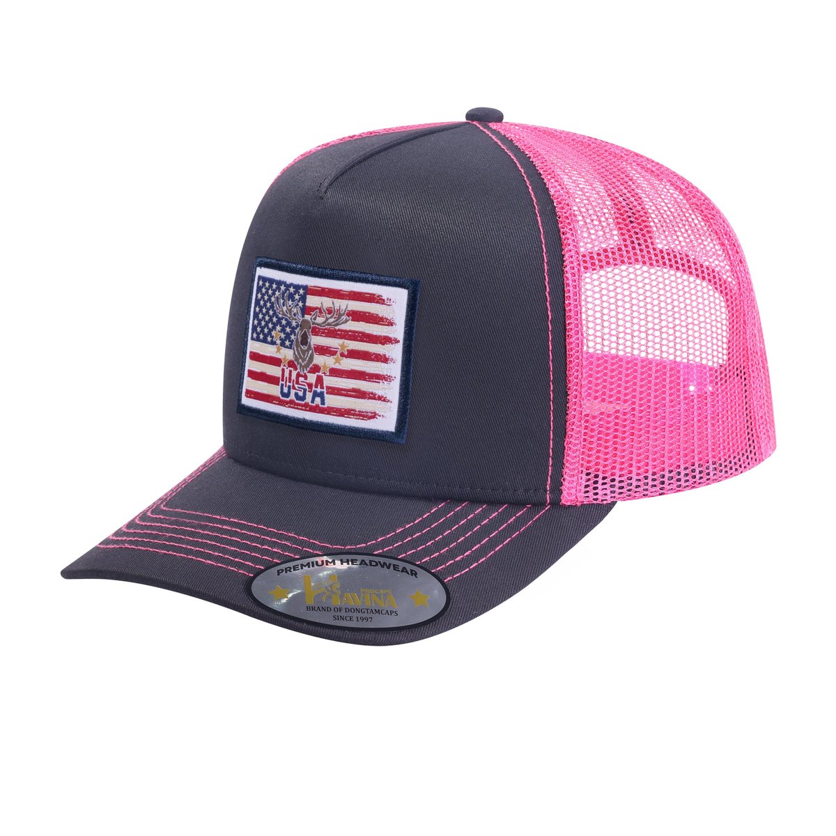 Embroidered Usa Deer Hunter - 5 Panel Trucker Hat - Black/Pink