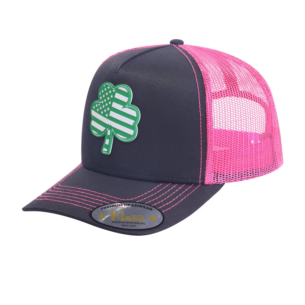 Unisex Embroidered St. Patrick'S Day Four Leaf Shamrock, 5-Panel Trucker Hat, Black/Pink, Adjustable Fit