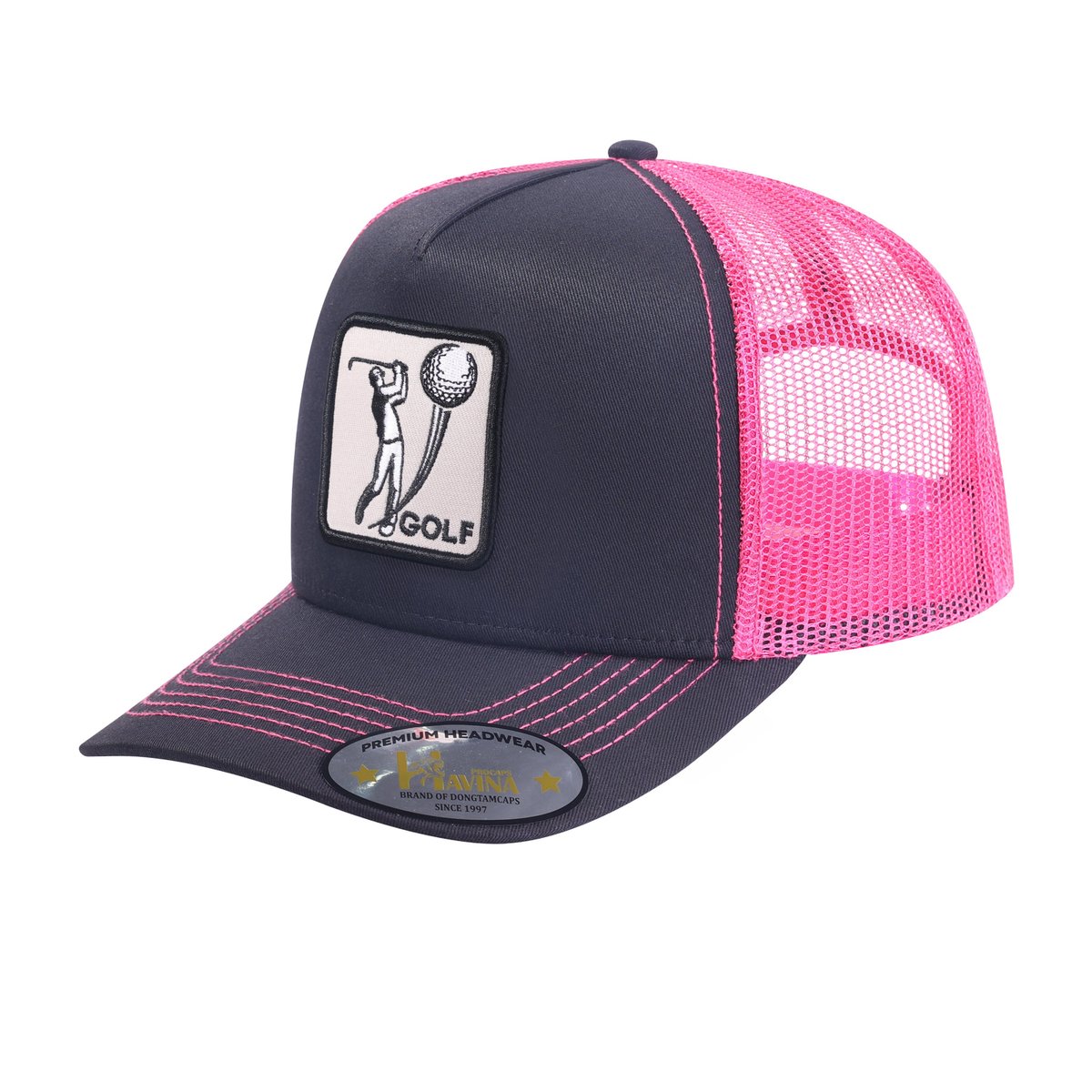 Unisex Embroidered Golf, 5-Panel Trucker Hat, Black/Pink, Adjustable Fit