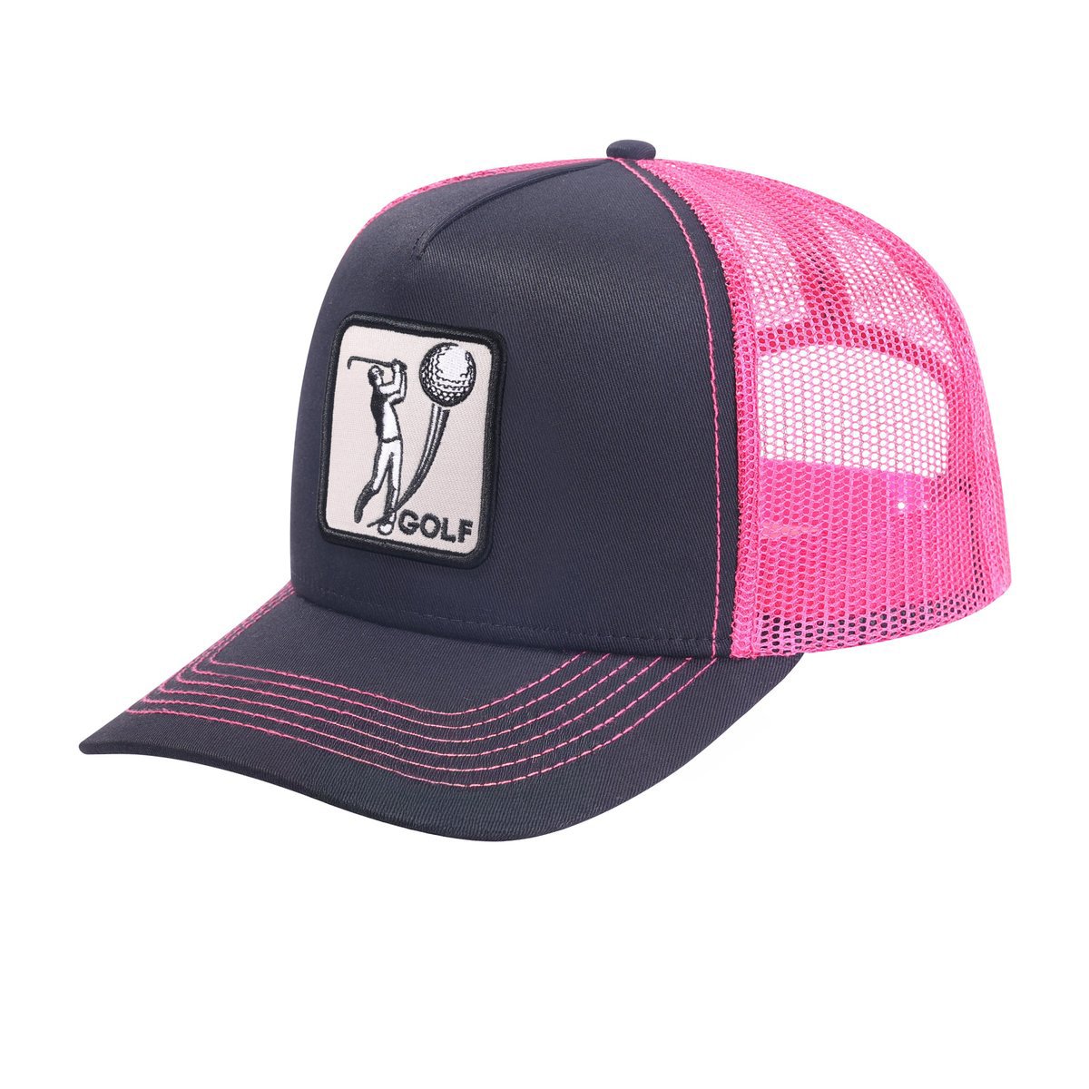 Unisex Embroidered Golf, 5-Panel Trucker Hat, Black/Pink, Adjustable Fit