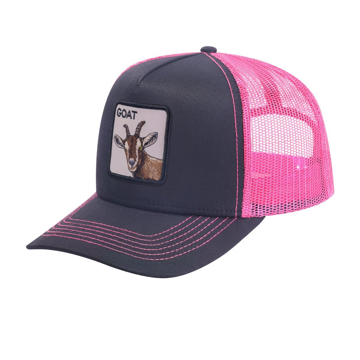 Unisex Embroidered The Goat, 5-Panel Trucker Hat, Black/Pink, Adjustable Fit