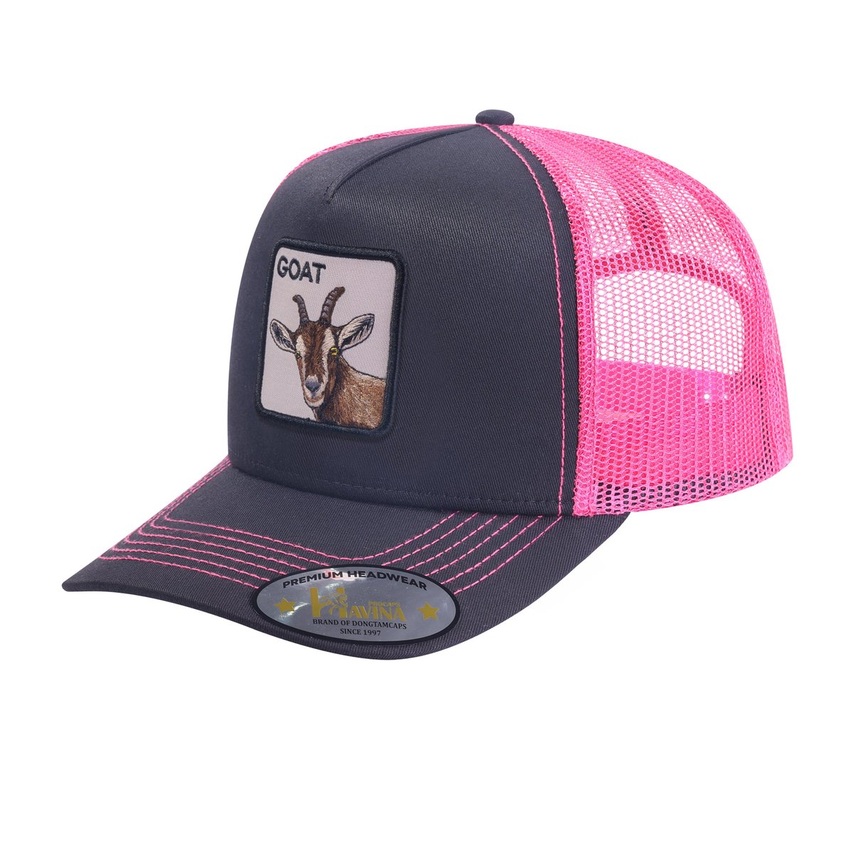 Unisex Embroidered The Goat, 5-Panel Trucker Hat, Black/Pink, Adjustable Fit