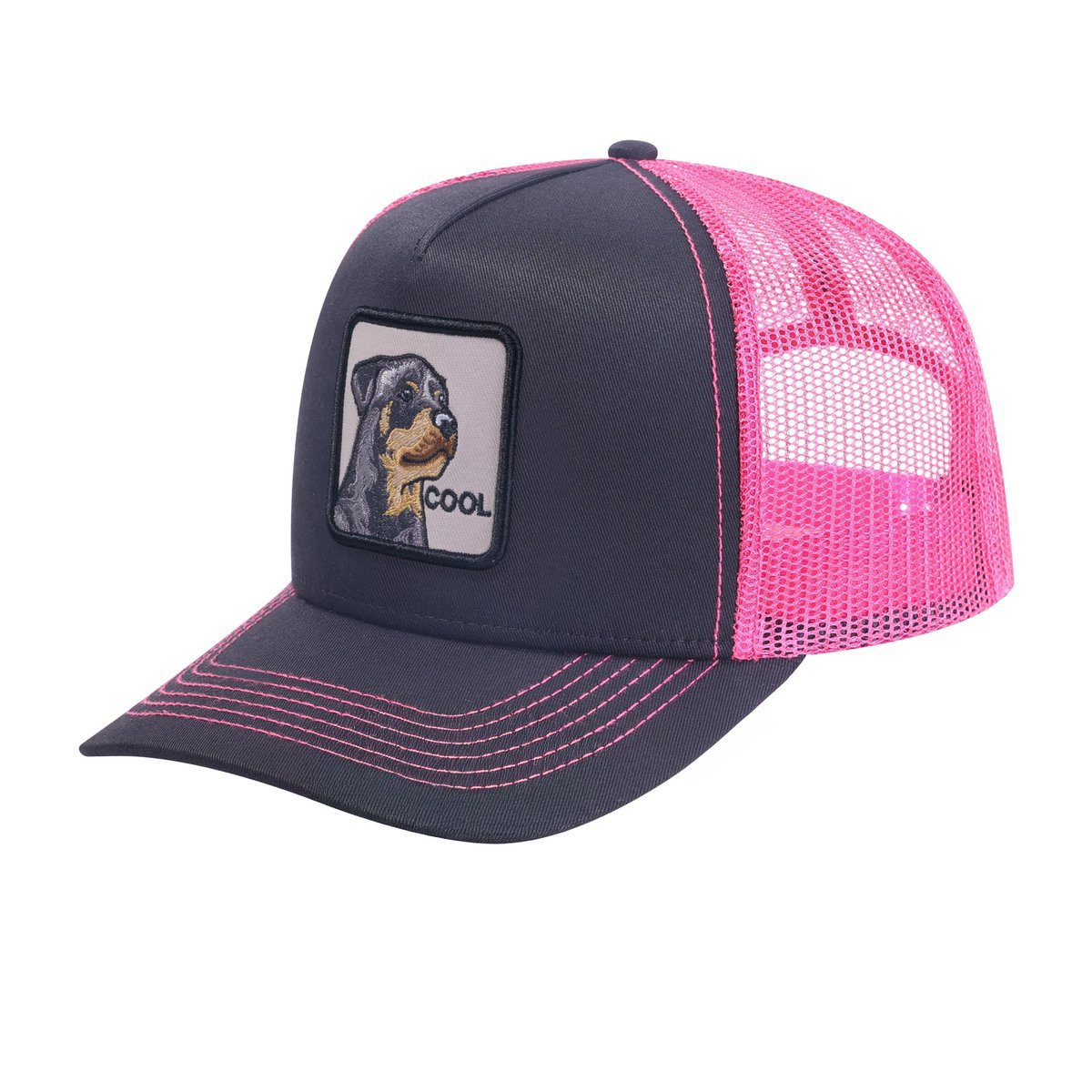 Unisex Embroidered The Cool Dog, 5-Panel Trucker Hat, Black/Pink, Adjustable Fit
