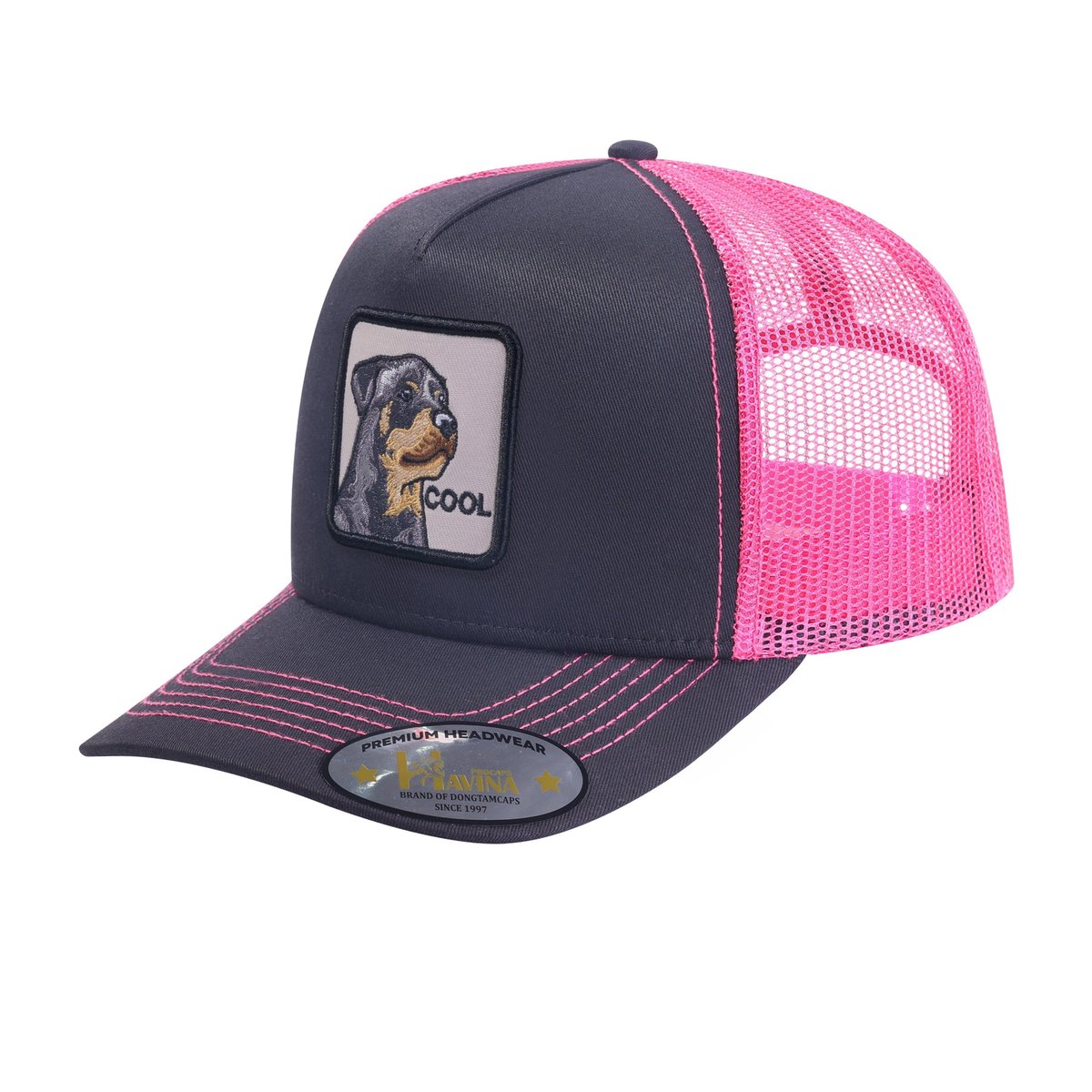Unisex Embroidered The Cool Dog, 5-Panel Trucker Hat, Black/Pink, Adjustable Fit