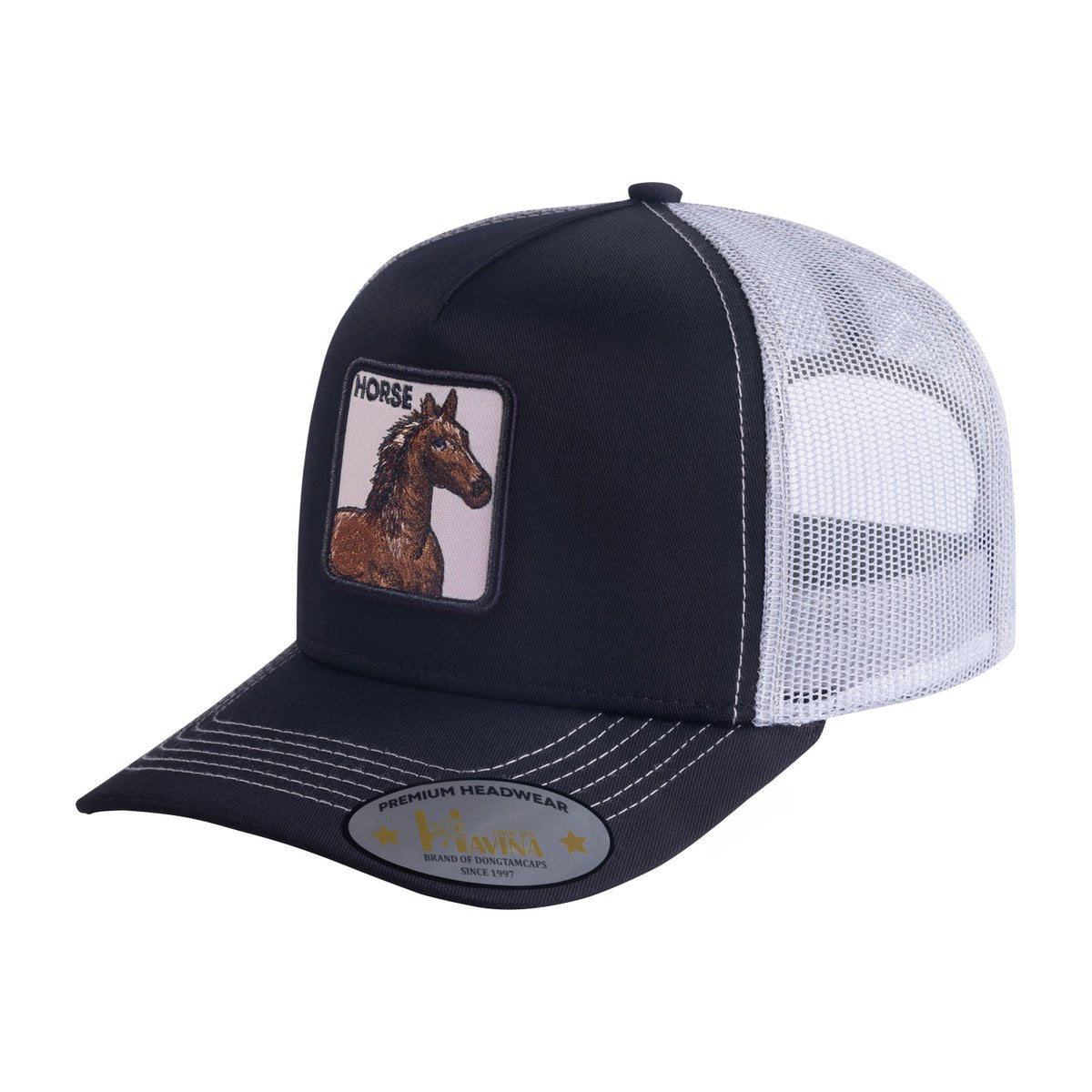 Unisex Embroidered The Horse, 5-Panel Trucker Hat, Black/White, Adjustable Fit