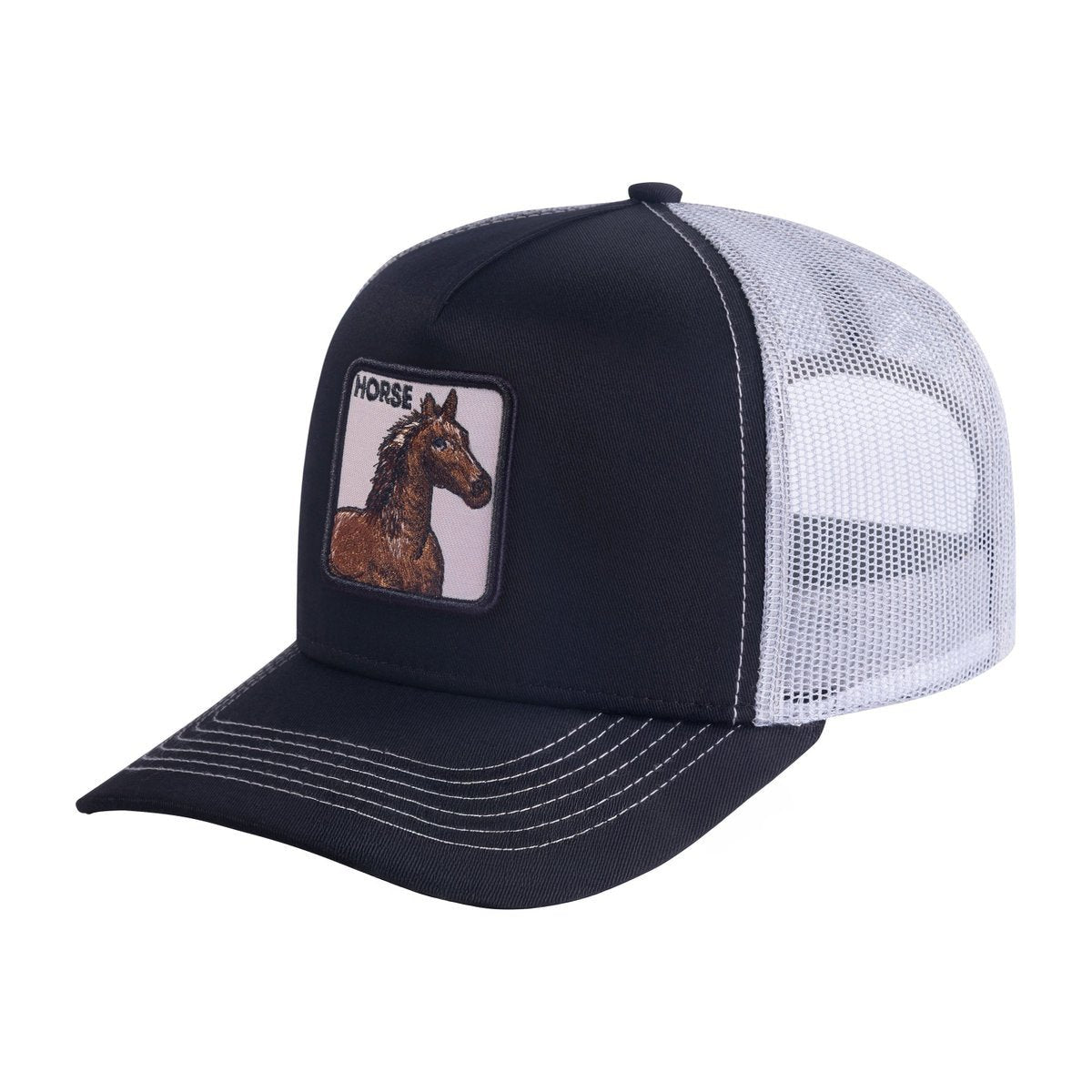 Unisex Embroidered The Horse, 5-Panel Trucker Hat, Black/White, Adjustable Fit