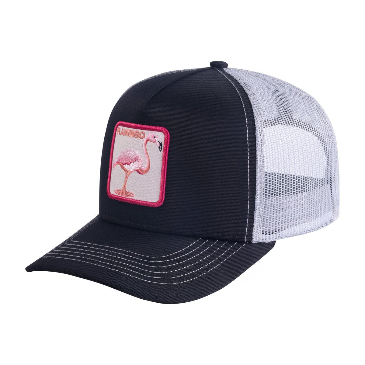 Unisex Embroidered The Flamingo, 5-Panel Trucker Hat, Black/White, Adjustable Fit