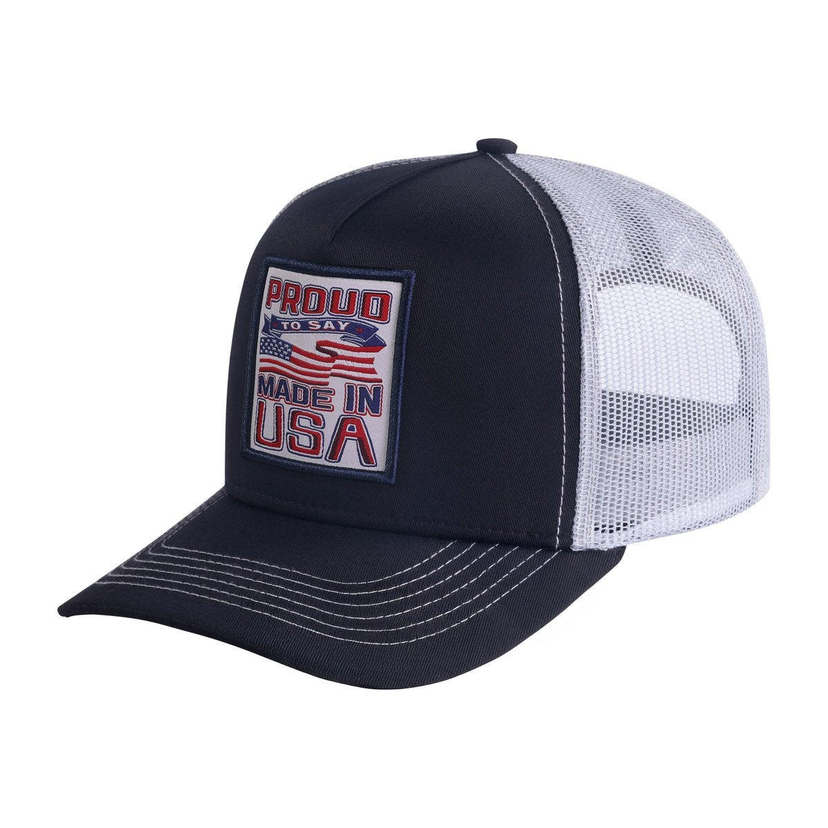 Unisex Embroidered Proud To Say Made In US, 5-Panel Trucker Hat, Black/White, Adjustable Fit