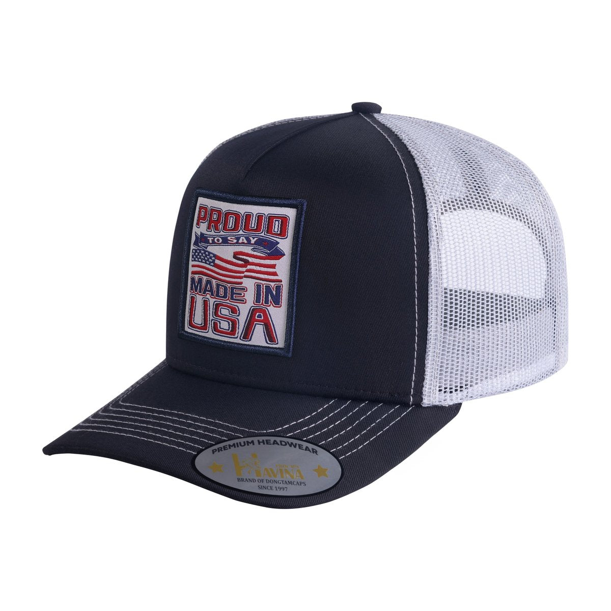 Unisex Embroidered Proud To Say Made In US, 5-Panel Trucker Hat, Black/White, Adjustable Fit