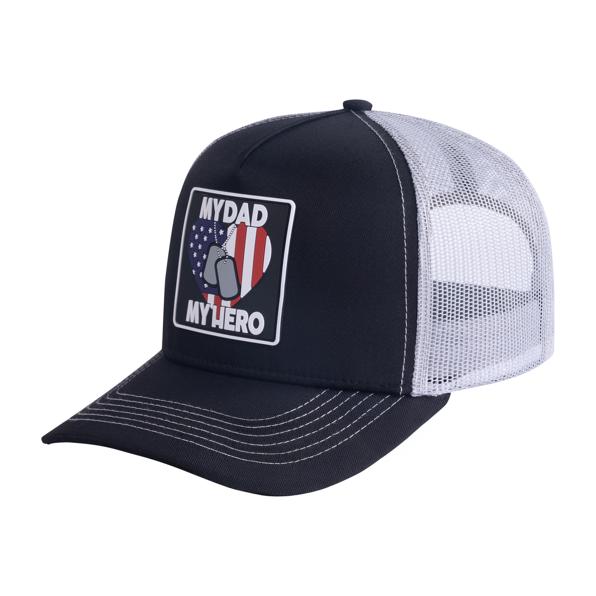 Unisex Embroidered My Dad My Hero, 5-Panel Trucker Hat, Black/White, Adjustable Fit
