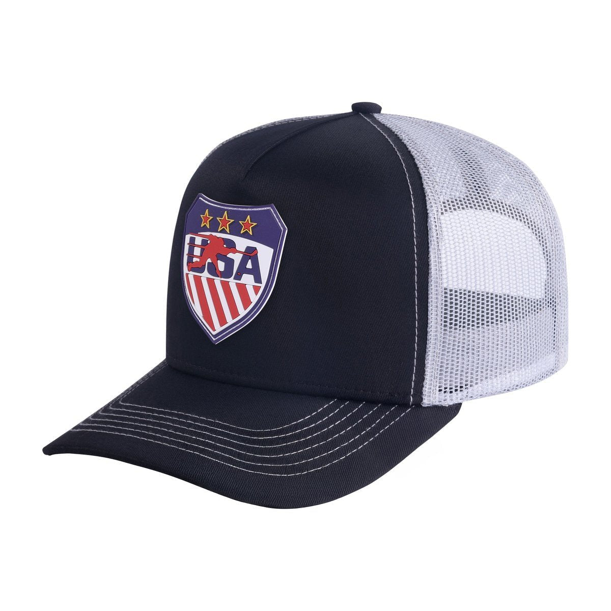 Unisex Embroidered Loving Hockey, 5-Panel Trucker Hat, Black/White, Adjustable Fit