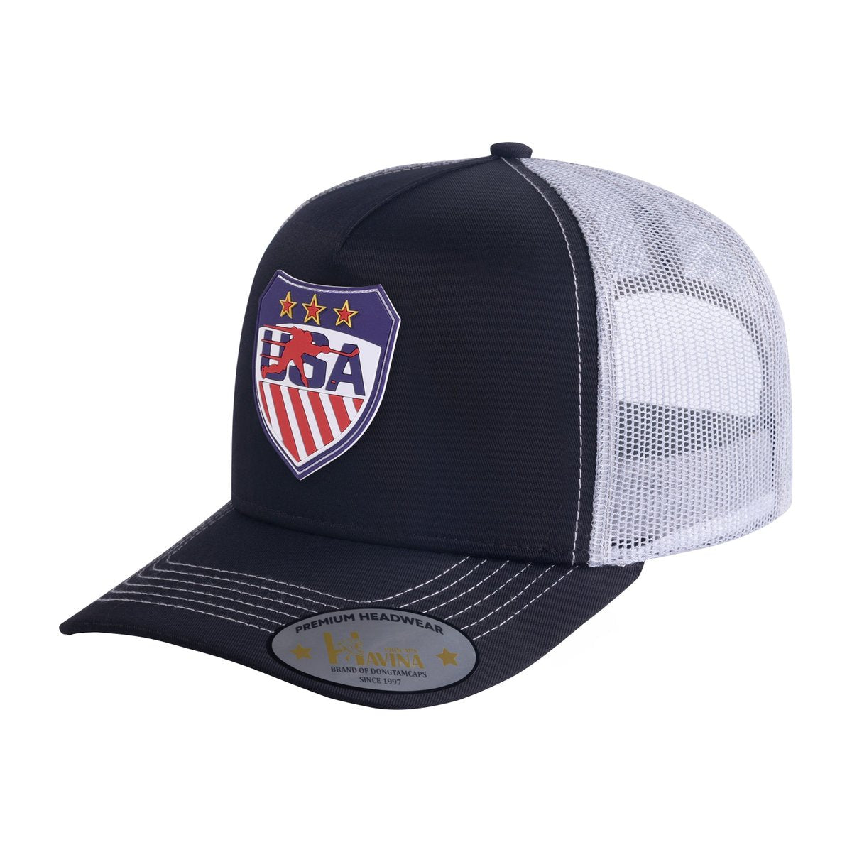 Unisex Embroidered US Loving Hockey, 5-Panel Trucker Hat, Black/White, Adjustable Fit