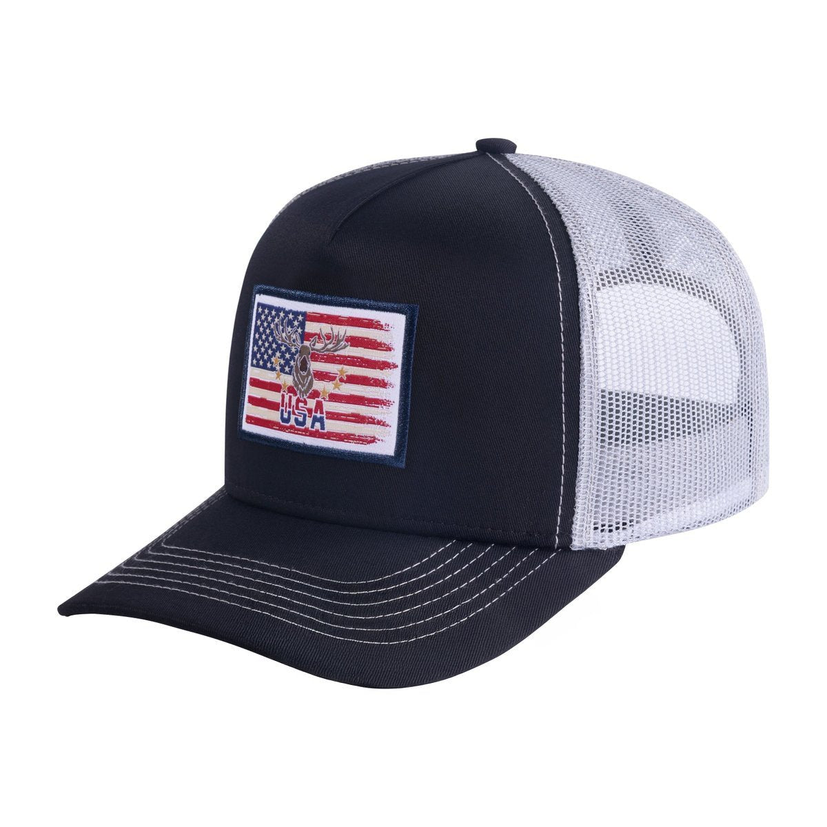 Unisex Embroidered Usa Deer Hunter, 5-Panel Trucker Hat, Black/White, Adjustable Fit