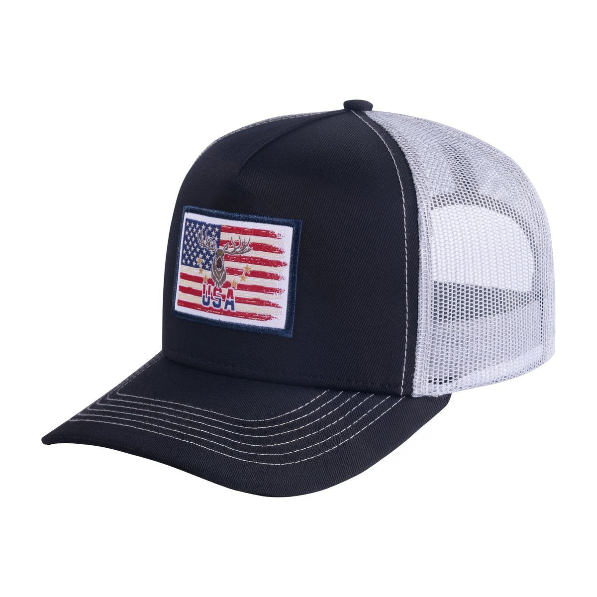 Unisex Embroidered US Deer Hunter, 5-Panel Trucker Hat, Black/White, Adjustable Fit