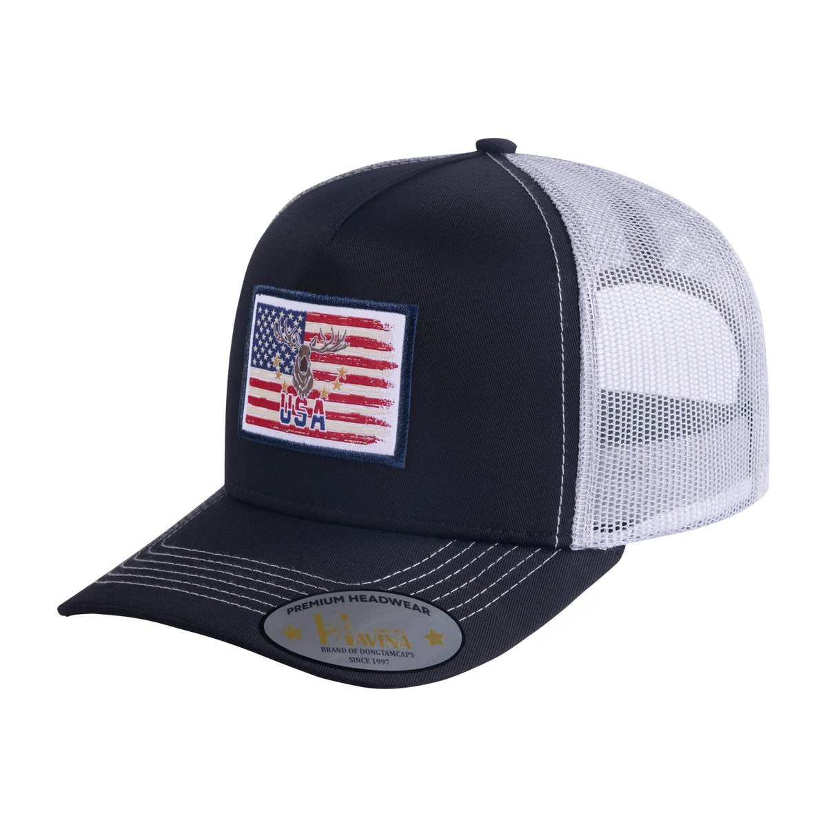 Unisex Embroidered US Deer Hunter, 5-Panel Trucker Hat, Black/White, Adjustable Fit