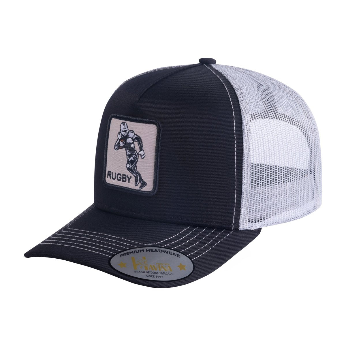 Unisex Embroidered Rugby/Football, 5-Panel Trucker Hat, Black/White, Adjustable Fit