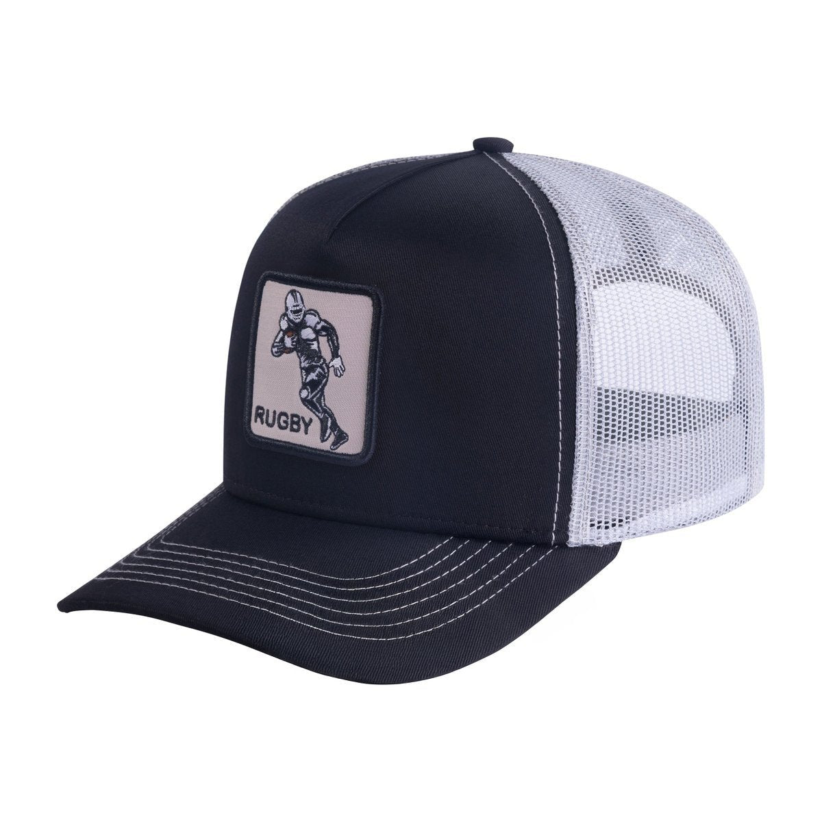 Unisex Embroidered Rugby, 5-Panel Trucker Hat, Black/White, Adjustable Fit
