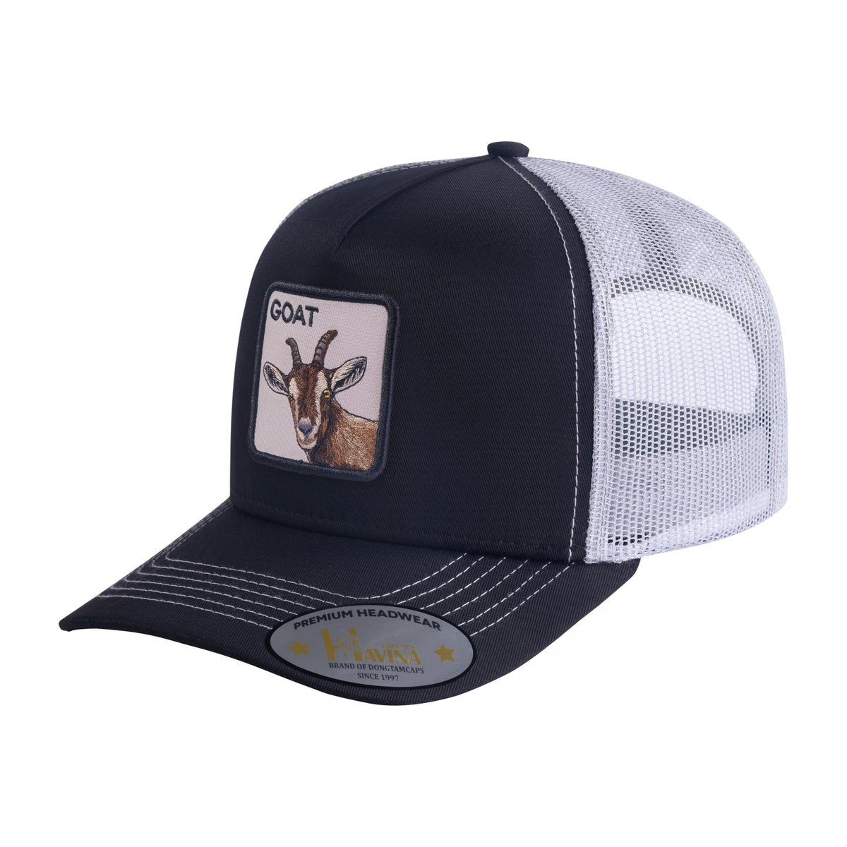 Unisex Embroidered The Goat, 5-Panel Trucker Hat, Black/White, Adjustable Fit