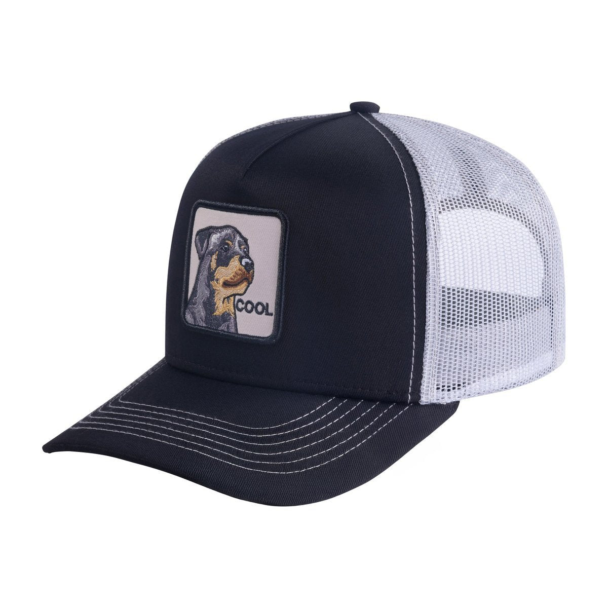 Unisex Embroidered The Cool Dog, 5-Panel Trucker Hat, Black/White, Adjustable Fit